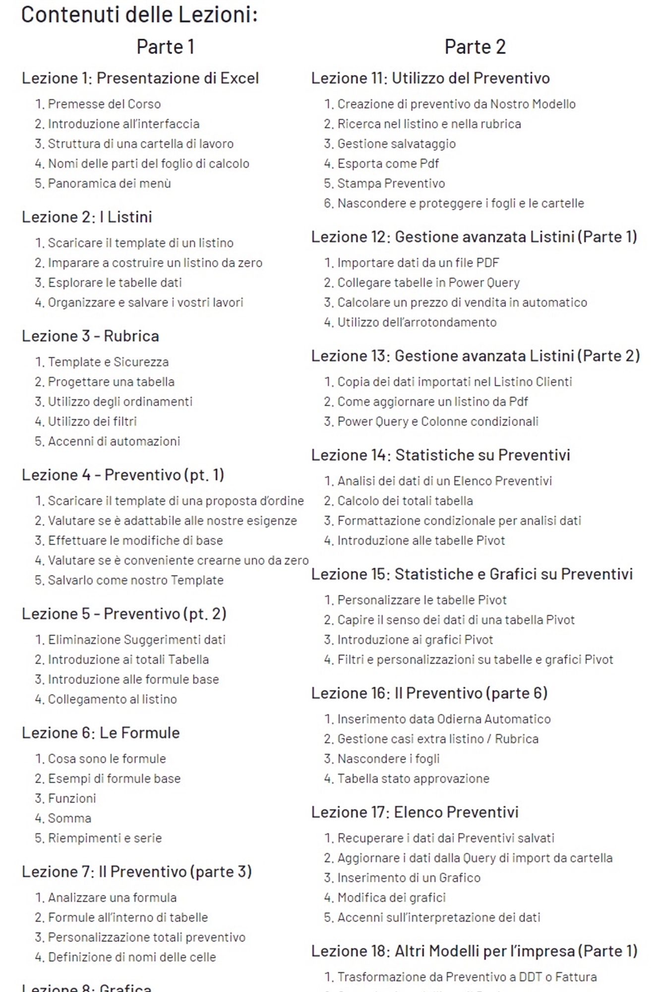 Elenco lezioni del corso Lavora con Excel